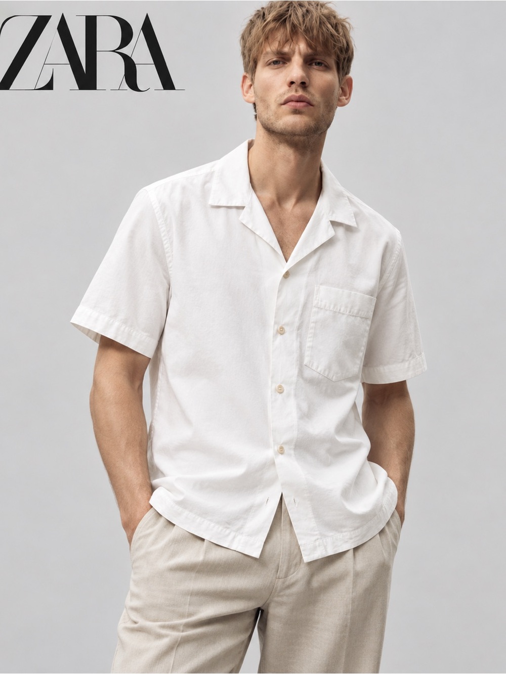 ZARA White Short-Sleeve Camp Collar Viscose Blend Shirt Size Large
